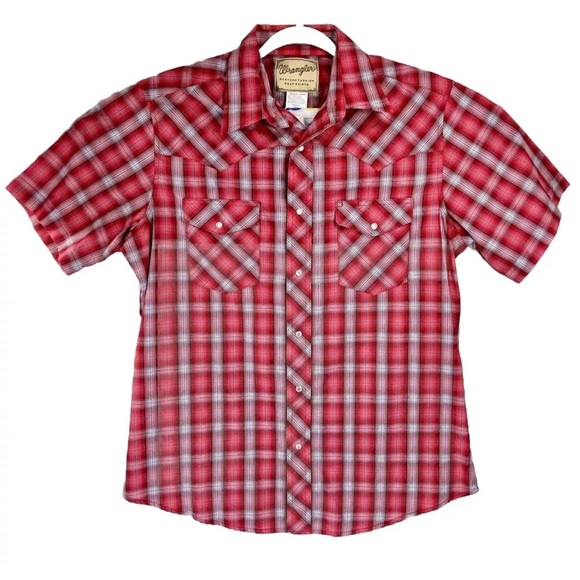 Wrangler Men’s Large Pearl Snap Red Plaid Short Sleeve Western Rodeo Cowboy VGUC - Picture 1 of 7